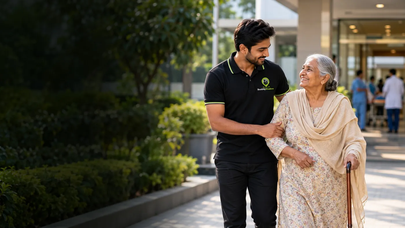 A BookMyShadow Shadow Partner in the black and lime uniform walking with a smiling older woman outside a hospital
