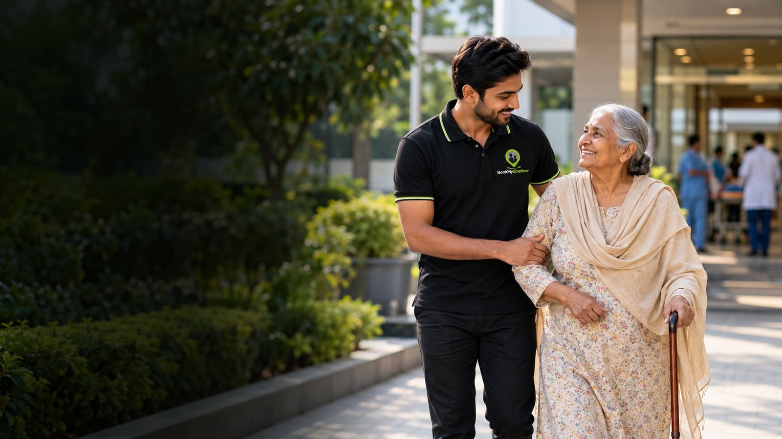 A Shadow Partner walking with an older woman